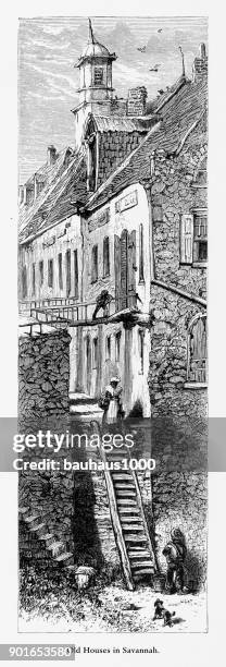 old historical homes in savannah, georgia, united states, american victorian engraving, 1872 - savannah georgia stock illustrations