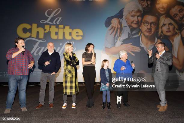 Guy Lecluyse, Francois Berleand, Laurence Arne, Valerie Bonneton, Juliane Lepoureau, Line Renaud and Dany Boon attend "La Ch'tite Famille" premiere...