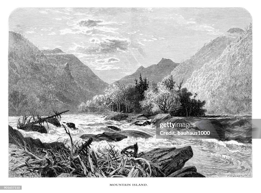 Mountain Island, French Broad River, North Carolina, United States, American Victorian Engraving, 1872