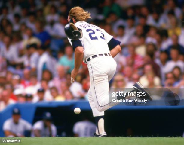 Kirk Gibson of the Detroit Tigers runs toward first base during an MLB game at Tiger Stadium in Detroit, Michigan during the 1988 season.