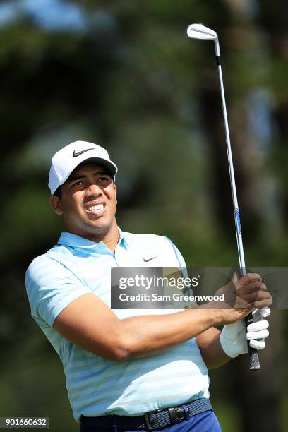 Jhonattan Vegas of Venezuela plays his shot from the second tee during the second round of the Sentry Tournament of Champions at Plantation Course at...