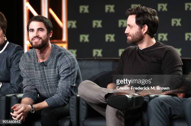 Actors Darren Criss and Edgar Ramirez of the television show The Assassination of Gianni Versace speak onstage during the FOX/FX Networks portion of...