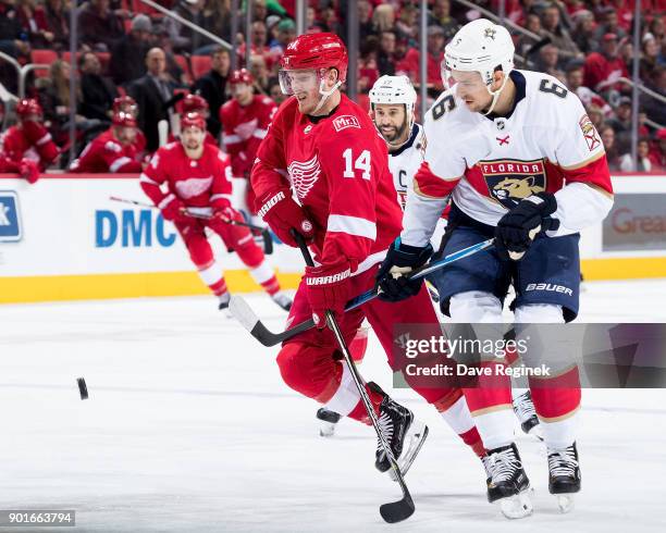 Gustav Nyquist of the Detroit Red Wings battles for the puck with Alex Petrovic of the Florida Panthers during an NHL game at Little Caesars Arena on...