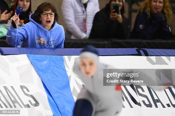 Former Olympic Gold Medalist Bonnie Blair cheers for her daughter Blair Cruikshank as she competes in the Ladies 500 meter eventduring the Long Track...