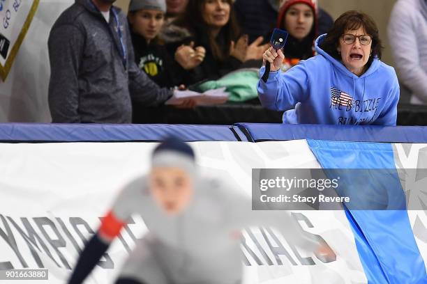 Former Olympic Gold Medalist Bonnie Blair cheers for her daughter Blair Cruikshank as she competes in the Ladies 500 meter eventduring the Long Track...