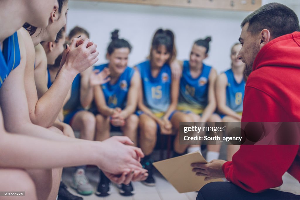 Coach and group of basketball players