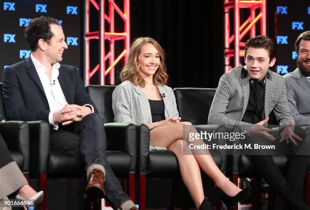 Actors Matthew Rhys, Holly Taylor and Keidrich Sellati of the television show The Americans speak onstage during the FOX/FX Networks portion of the...