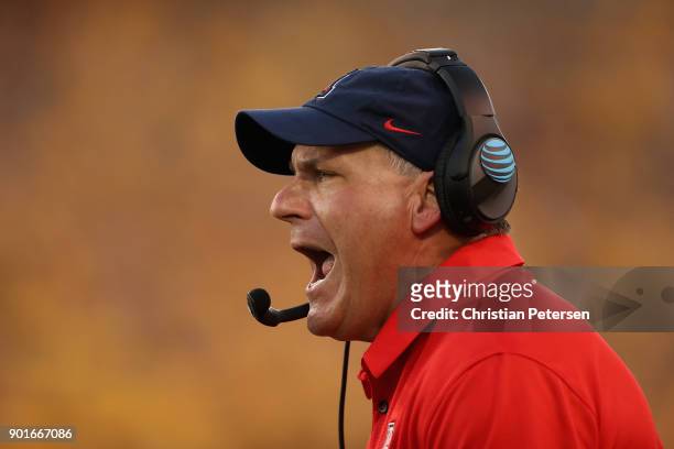 Head coache Rich Rodriguez of the Arizona Wildcats reacts on the sidelines during the second half of the college football game against the Arizona...