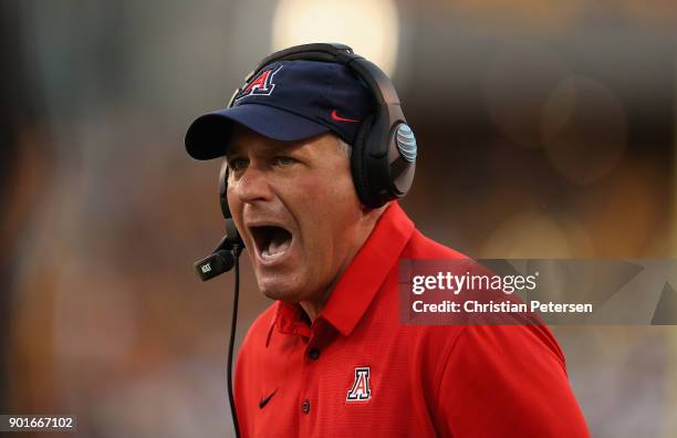 Head coache Rich Rodriguez of the Arizona Wildcats reacts on the sidelines during the second half of the college football game against the Arizona...