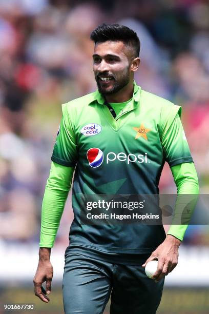 Mohammad Amir of Pakistan looks on during game one of the One Day International Series between the New Zealand Black Caps and Pakistan at Basin...