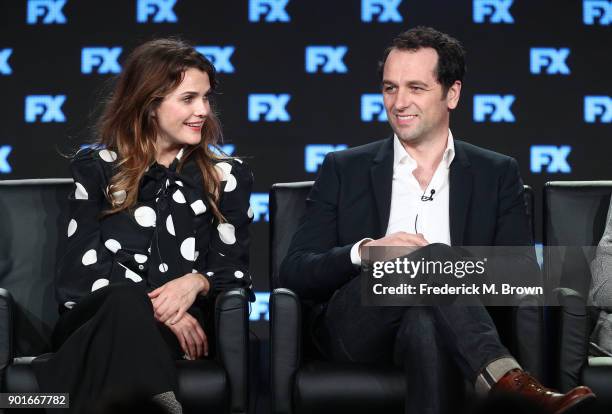 Actors Keri Russell and Matthew Rhys of the television show The Americans speak onstage during the FOX/FX Networks portion of the 2018 Winter...