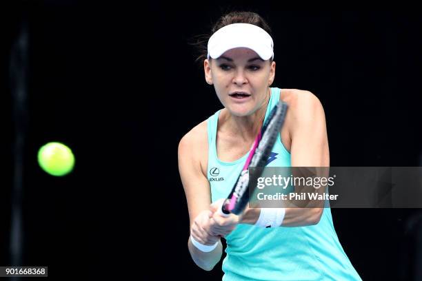 Agnieszka Radwanska of Poland plays a backhand in her quarter final match against Sachia Vickery of the USA during day six of the ASB Women's Classic...