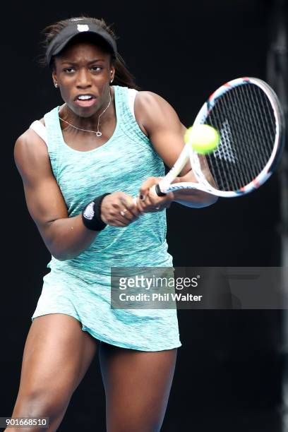 Sachia Vickery of the USA plays a backhand in her quarter final match against Agnieszka Radwanska of Poland S during day six of the ASB Women's...