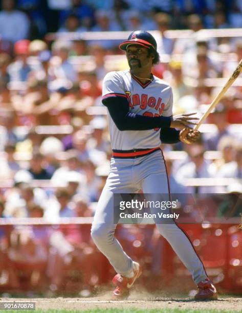 George Hendrick of the California Angels bats during an MLB game against the Milwaukee Brewers at County Stadium in Milwaukee, Wisconsin during the...