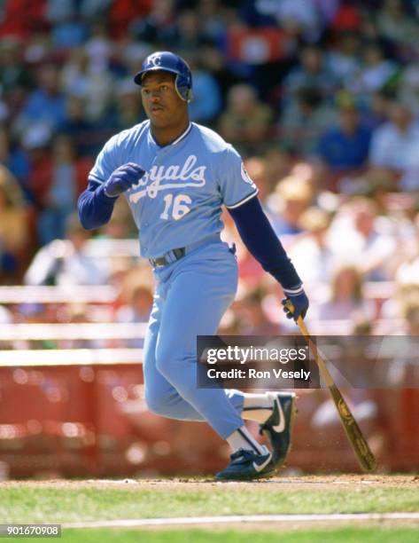 Bo Jackson of the Kansas City Royals bats during an MLB game against the Milwaukee Brewers at County Stadium in Milwaukee, Wisconsin during the 1988...