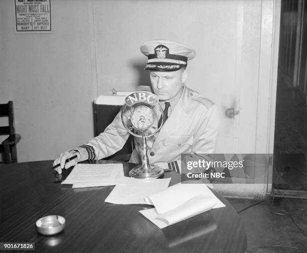 The Hindenburg Disaster" -- Pictured: Commander Charles E. Rosendahl broadcasting from the wreckage site of the Hindenburg zeppelin disaster at...