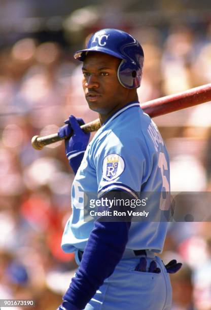 Bo Jackson of the Kansas City Royals looks on during an MLB game against the Milwaukee Brewers at County Stadium in Milwaukee, Wisconsin during the...