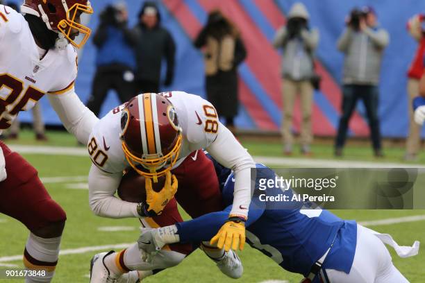 Wide Receiver Jamison Crowder of the Washington Redskins in action against the New York Giants at MetLife Stadium on December 31, 2017 in East...