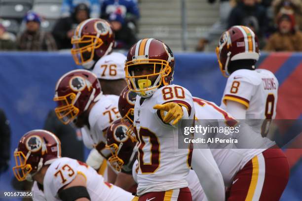 Wide Receiver Jamison Crowder of the Washington Redskins in action against the New York Giants at MetLife Stadium on December 31, 2017 in East...