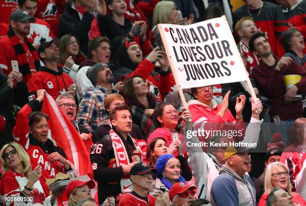 Fans cheer for Canada in the second period against Sweden during the Gold medal game of the IIHF World Junior Championship at KeyBank Center on...