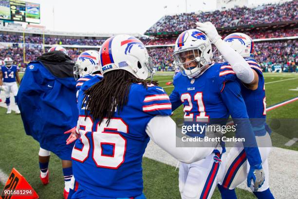 Jordan Poyer of the Buffalo Bills celebrates an interception during the third quarter against the Miami Dolphins at New Era Field on December 17,...