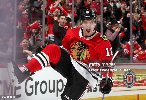 Patrick Sharp of the Chicago Blackhawks reacts after scoring against the Vegas Golden Knights in the second period at the United Center on January 5,...