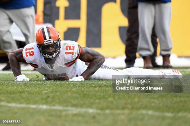 Wide receiver Josh Gordon of the Cleveland Browns lays on the field after an incomplete pass in the third quarter of a game on December 31, 2017...