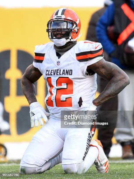 Wide receiver Josh Gordon of the Cleveland Browns kneels on the field after an incomplete pass in the third quarter of a game on December 31, 2017...