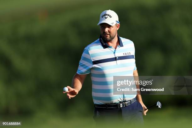 Marc Leishman of Australia reacts on the 17th green during the second round of the Sentry Tournament of Champions at Plantation Course at Kapalua...