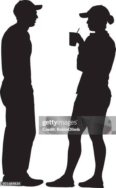 standing couple talking silhouette - couple having coffee stock illustrations