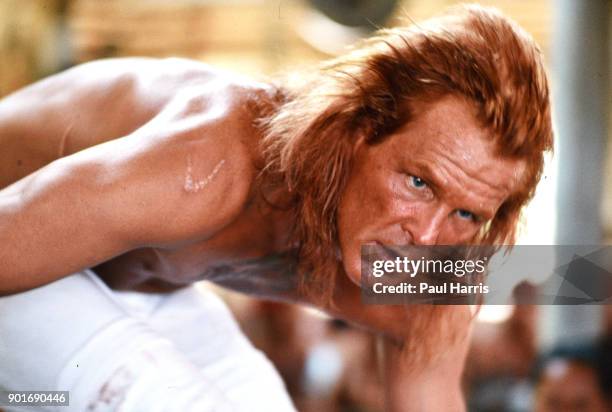 Nick Nolte as Learoyd photographed during the filming of Farewell to The King August 1987 in Sarawak, Borneo, Malaysia.