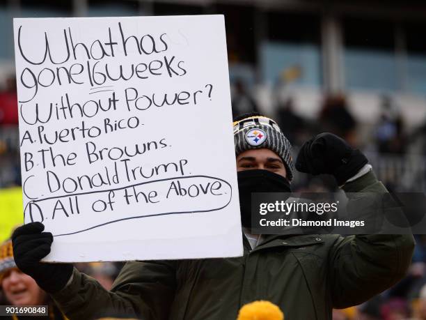 Fan of the Pittsburgh Steelers holds up a sign in the fourth quarter of a game on December 31, 2017 against the Cleveland Browns at Heinz Field in...