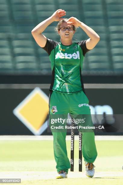 Emma Kearney of the Melbourne Stars reacts during the Women's Big Bash League match between the Melbourne Stars and the Melbourne Renegades at...