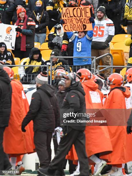 Fan of the Detroit Lions holds up a sign in the fourth quarter of a game on December 31, 2017 between the Cleveland Browns and Pittsburgh Steelers at...