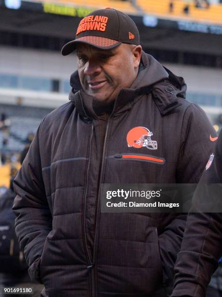 Head coach Hue Jackson of the Cleveland Browns walks off the field after a game on December 31, 2017 against the Pittsburgh Steelers at Heinz Field...