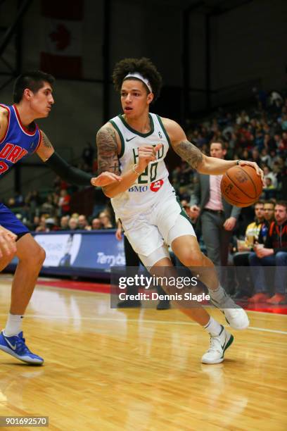 Wilson of the Wisconsin Herd takes drives to the basket against the Grand Rapids Drive at The DeltaPlex Arena for the NBA G-League on JANUARY 5, 2018...