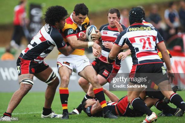 Stephen Donald of Waikato is tackled during the Air New Zealand Cup match between Counties Manukau and Waikato at Growers Stadium on August 29, 2009...