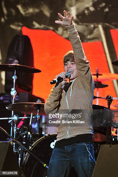 Justin Bieber performs in the mtvU Video Music Awards tour at Six Flags Great Adventure on August 28, 2009 in Jackson, New Jersey.