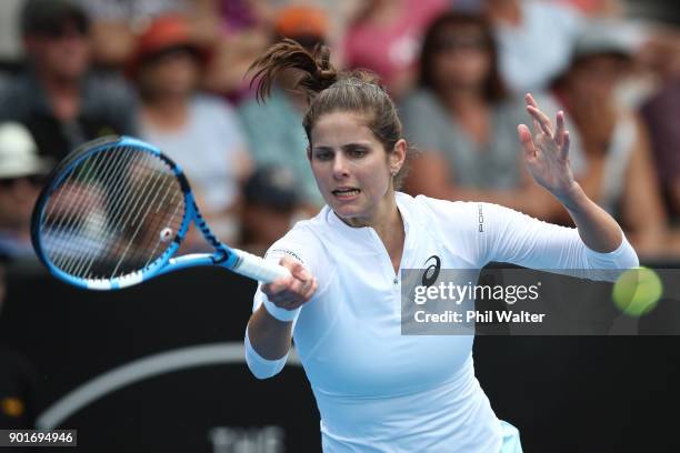 Julia Goerges of Germany plays a forehand in her semifinal match against Sui-Wei Hsieh of Taiwan during day six of the ASB Women's Classic at ASB...