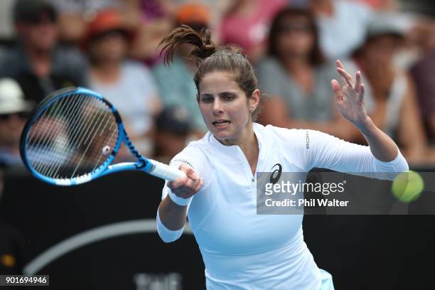 Julia Goerges of Germany plays a forehand in her semifinal match against Sui-Wei Hsieh of Taiwan during day six of the ASB Women's Classic at ASB...