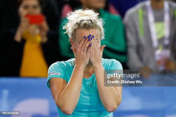 Katerina Siniakova of Czech Republic celebrates winning the semi final match against Maria Sharapova of Russia during Day 6 of 2018 WTA Shenzhen Open...