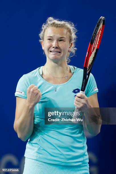 Katerina Siniakova of Czech Republic celebrates winning the semi final match against Maria Sharapova of Russia during Day 6 of 2018 WTA Shenzhen Open...