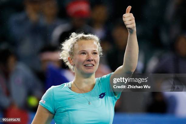 Katerina Siniakova of Czech Republic celebrates winning the semi final match against Maria Sharapova of Russia during Day 6 of 2018 WTA Shenzhen Open...