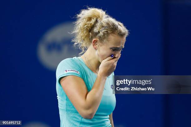 Katerina Siniakova of Czech Republic celebrates winning the semi final match against Maria Sharapova of Russia during Day 6 of 2018 WTA Shenzhen Open...