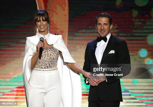 Delta Goodrem and Hugh Sheridan speak onstage at the 7th AACTA International Awards at Avalon Hollywood in Los Angeles on January 5, 2018 in...