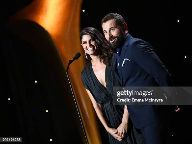 Zoe Ventoura and Daniel MacPherson speak onstage at the 7th AACTA International Awards at Avalon Hollywood in Los Angeles on January 5, 2018 in...