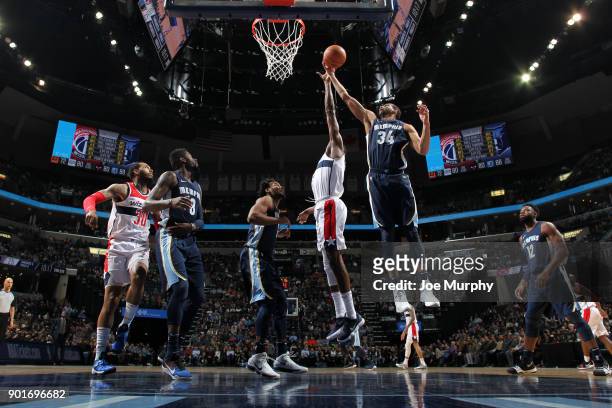 Brandan Wright of the Memphis Grizzlies grabs the rebound against the Washington Wizards on January 5, 2018 at FedExForum in Memphis, Tennessee. NOTE...