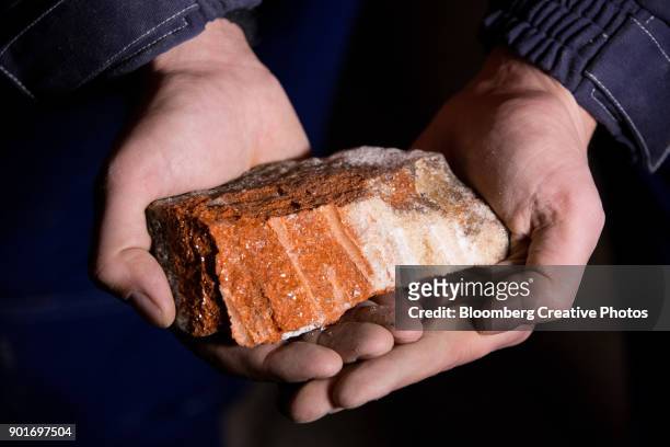 a worker holds a piece of sylvinite mineral ore - potash fotografías e imágenes de stock