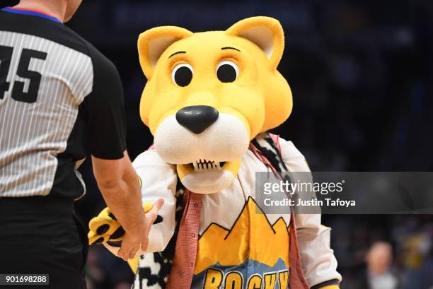 Denver Nuggets' mascot Rocky pumps up the crowd before the game between the Denver Nuggets and the Phoenix Suns at Pepsi Center on January 3, 2018 in...