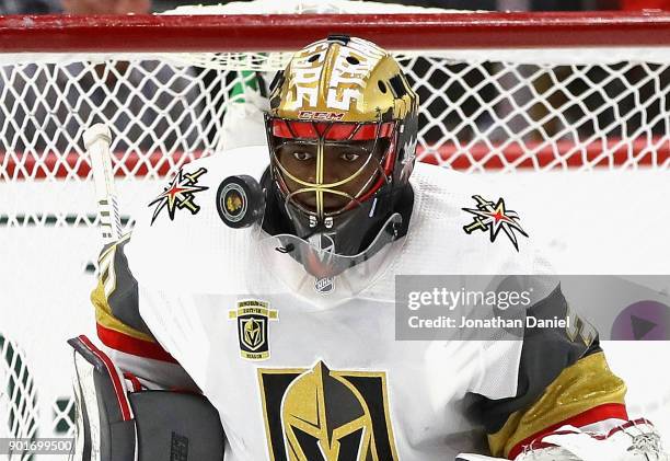 Malcolm Subban of the Vegas Golden Knights makes a save against the Chicago Blackhawks at the United Center on January 5, 2018 in Chicago, Illinois....